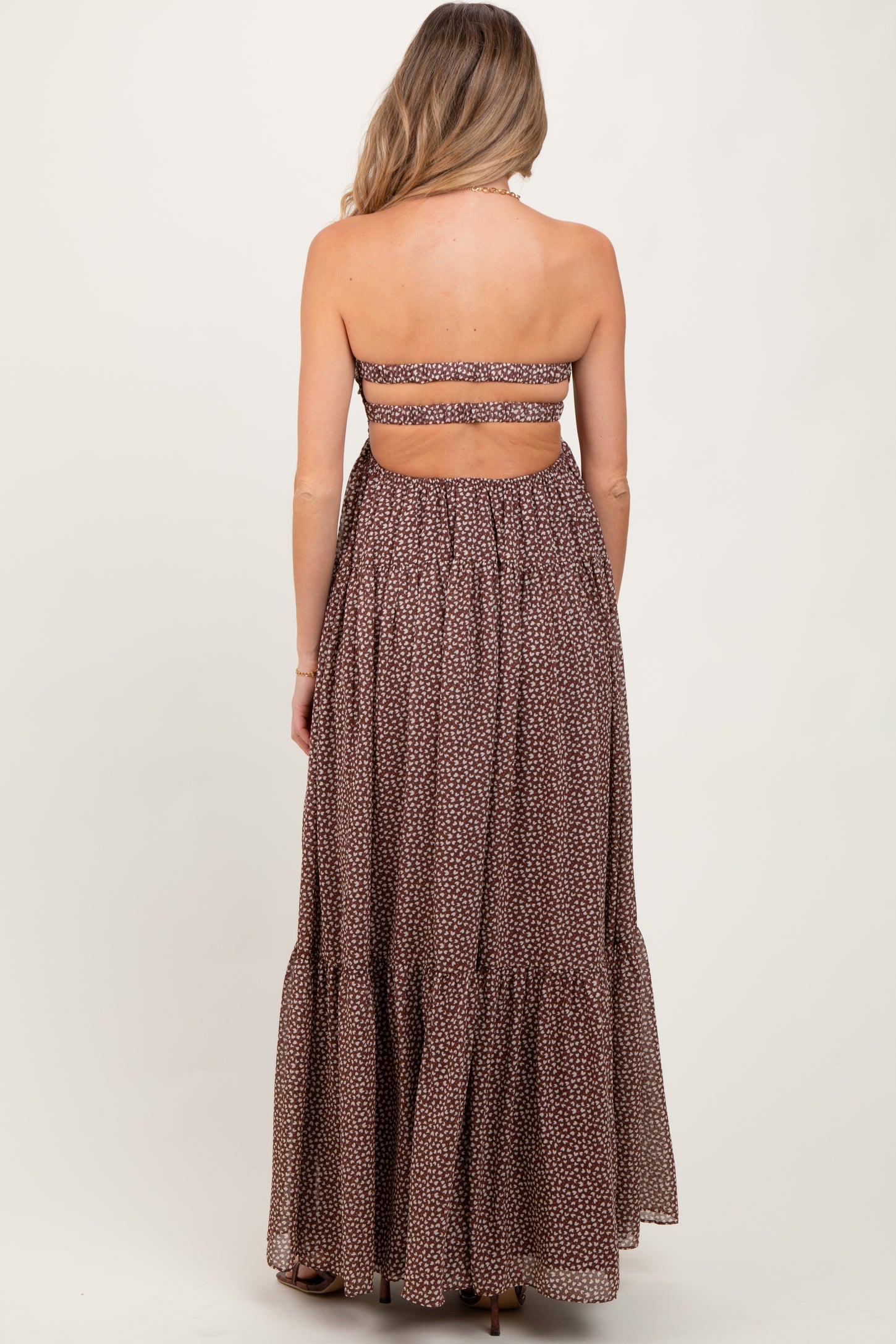 Brown Heart Print Twist Front Open Back Maternity Maxi Dress