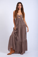 Brown Heart Print Twist Front Open Back Maternity Maxi Dress