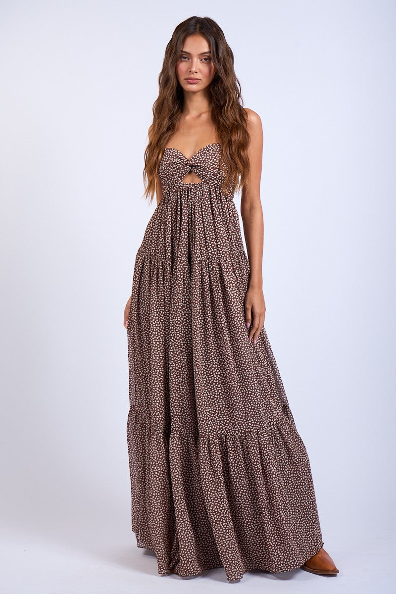 Brown Heart Print Twist Front Open Back Maxi Dress