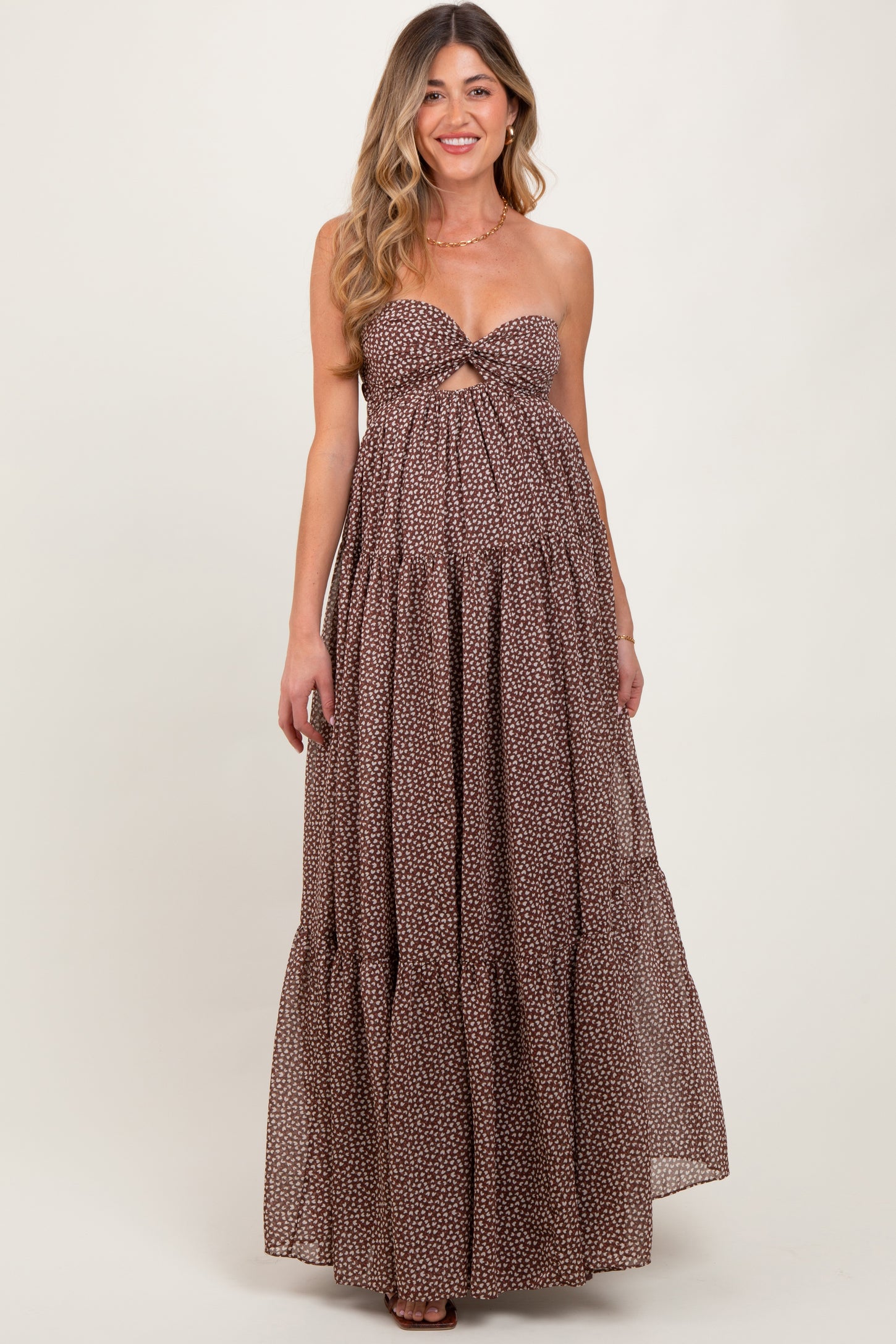 Brown Heart Print Twist Front Open Back Maternity Maxi Dress