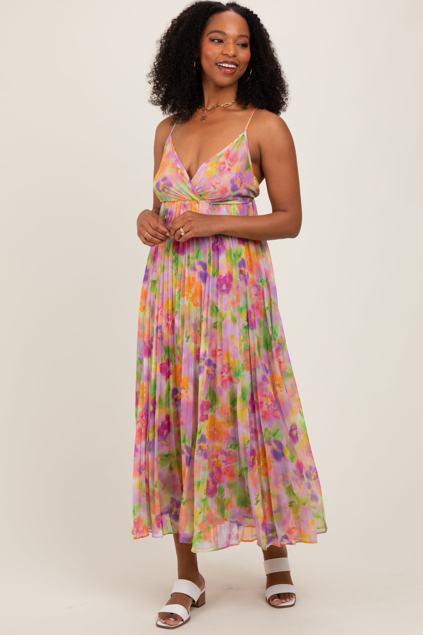 Lilac Floral Pleated Open Back Maternity Maxi Dress
