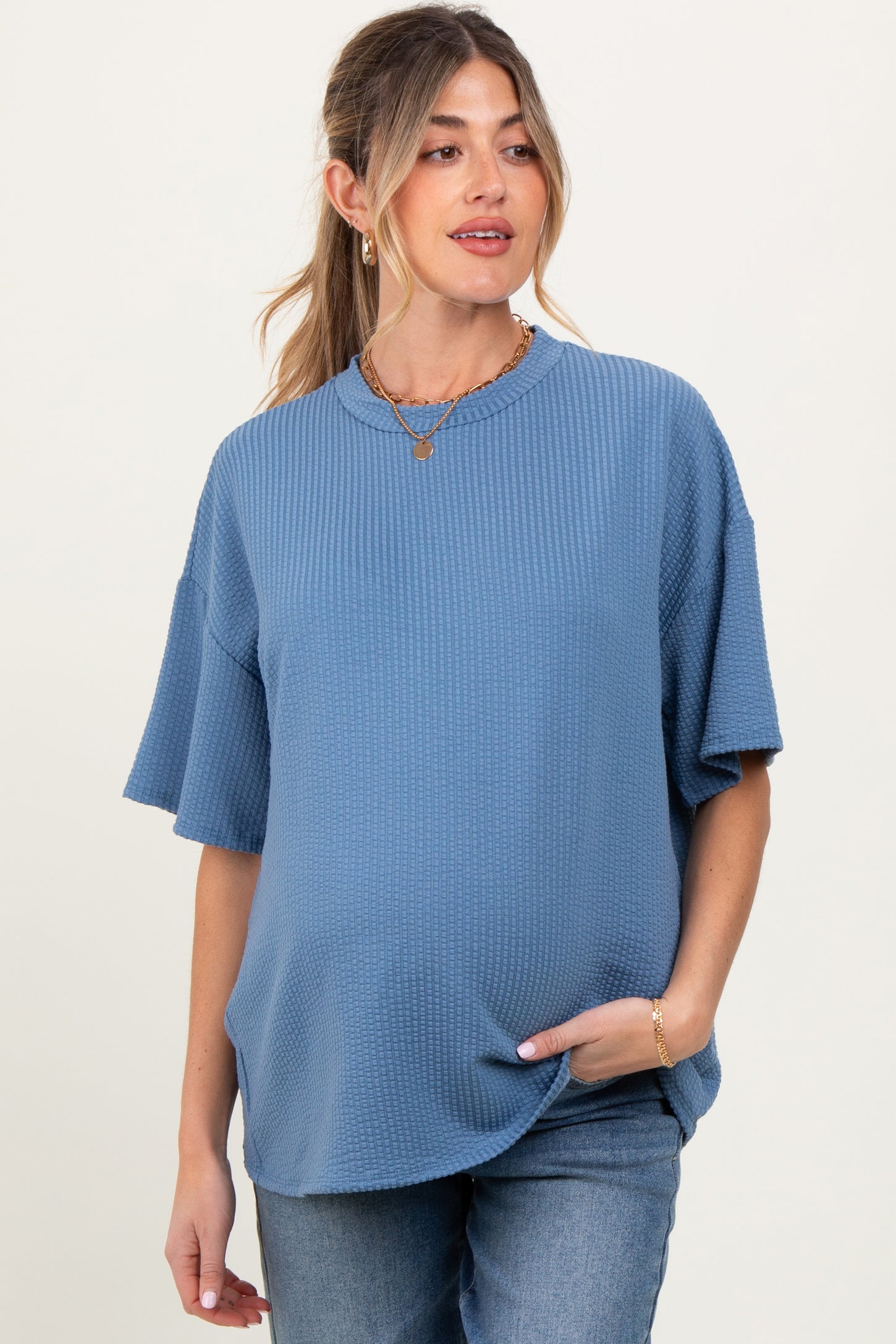 Blue Ribbed Short Sleeve Maternity Top