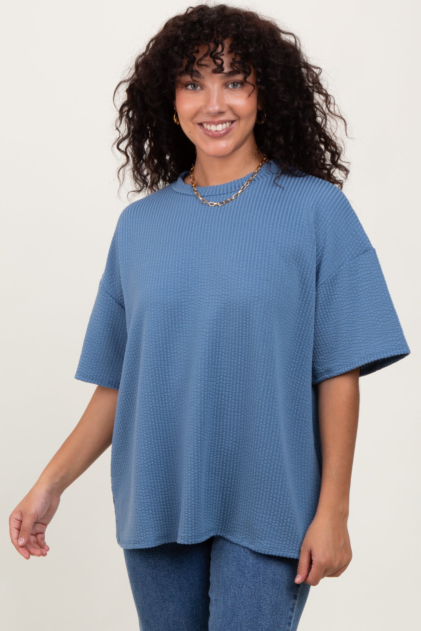 Blue Ribbed Short Sleeve Top