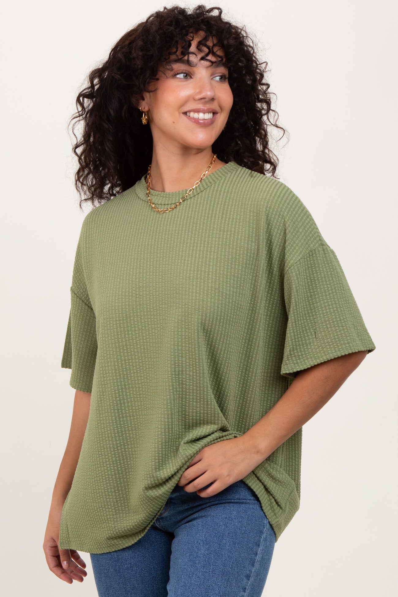 Olive Ribbed Short Sleeve Top