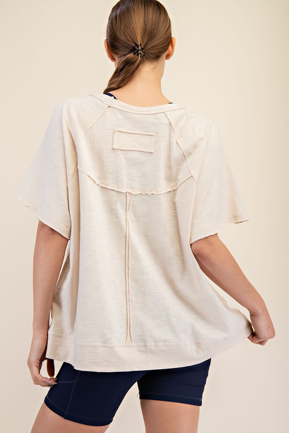 Beige Oversized Raw Hem Short Sleeve Tee