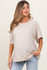Beige Oversized Raw Hem Short Sleeve Maternity Tee