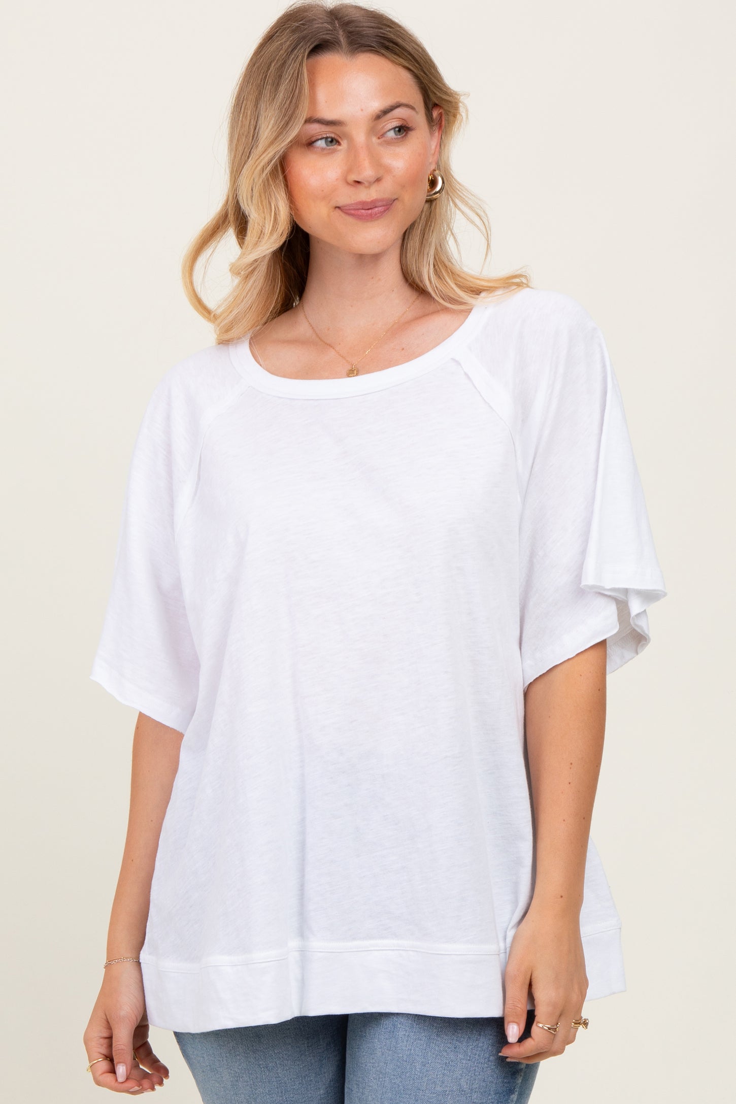 White Oversized Raw Hem Short Sleeve Maternity Tee