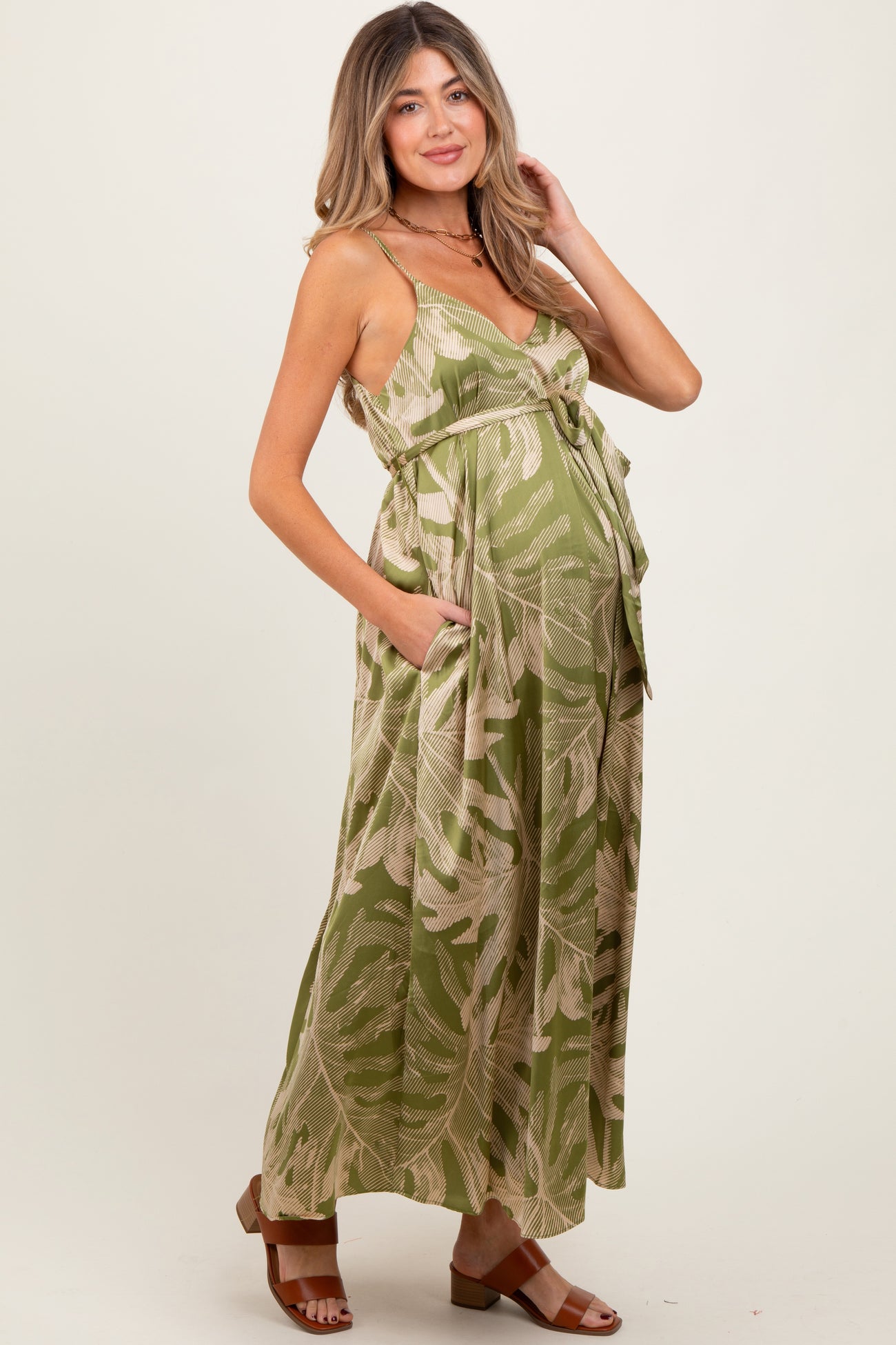 Lime Green Leaf Print Sash Tie Maternity Midi Dress