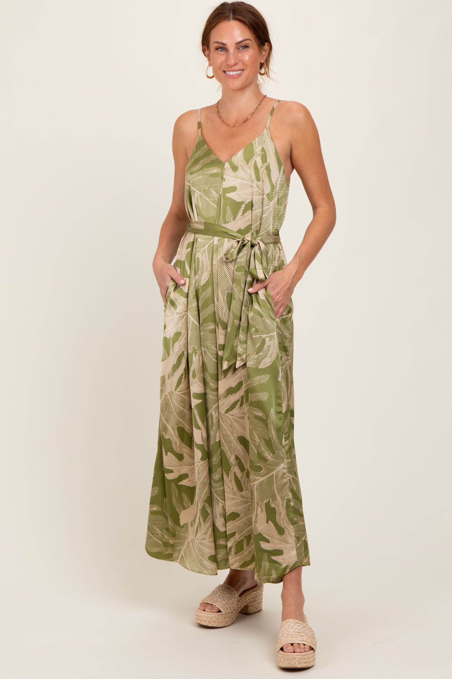 Lime Green Leaf Print Sash Tie Midi Dress