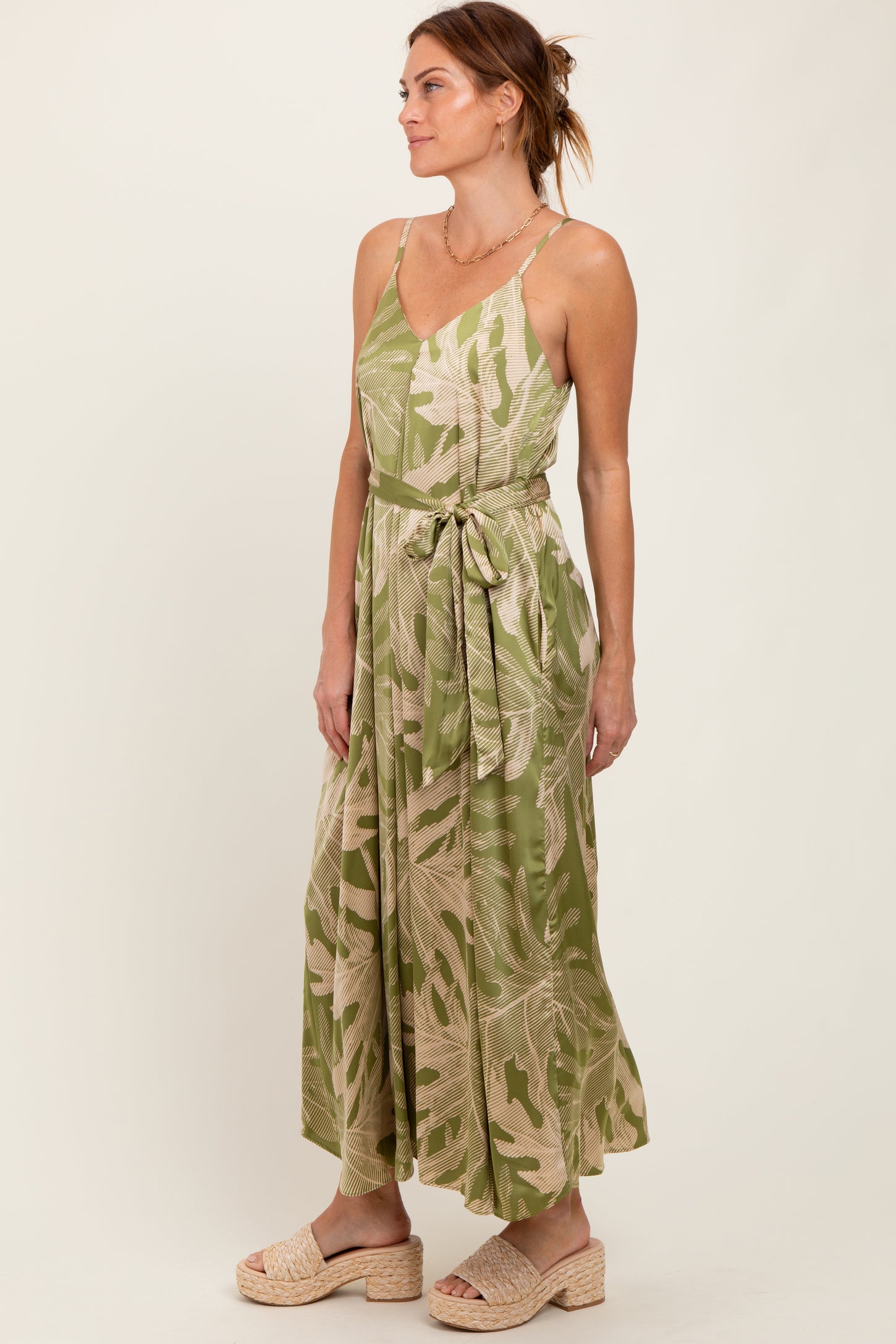 Lime Green Leaf Print Sash Tie Midi Dress