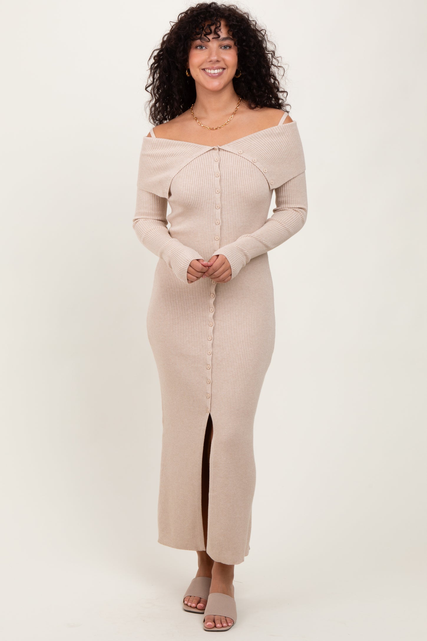 Beige Off Shoulder Long Cardigan Maternity Maxi Dress