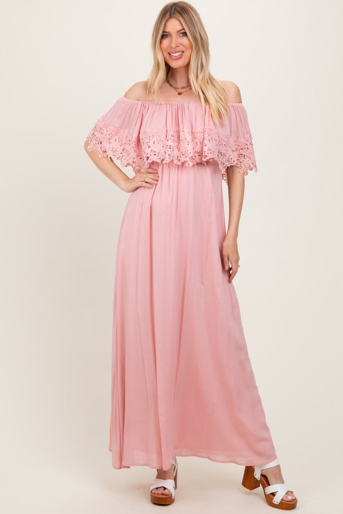Pink Lace Off Shoulder Maternity Maxi Dress