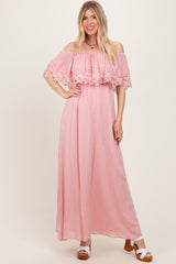 Pink Lace Off Shoulder Maternity Maxi Dress