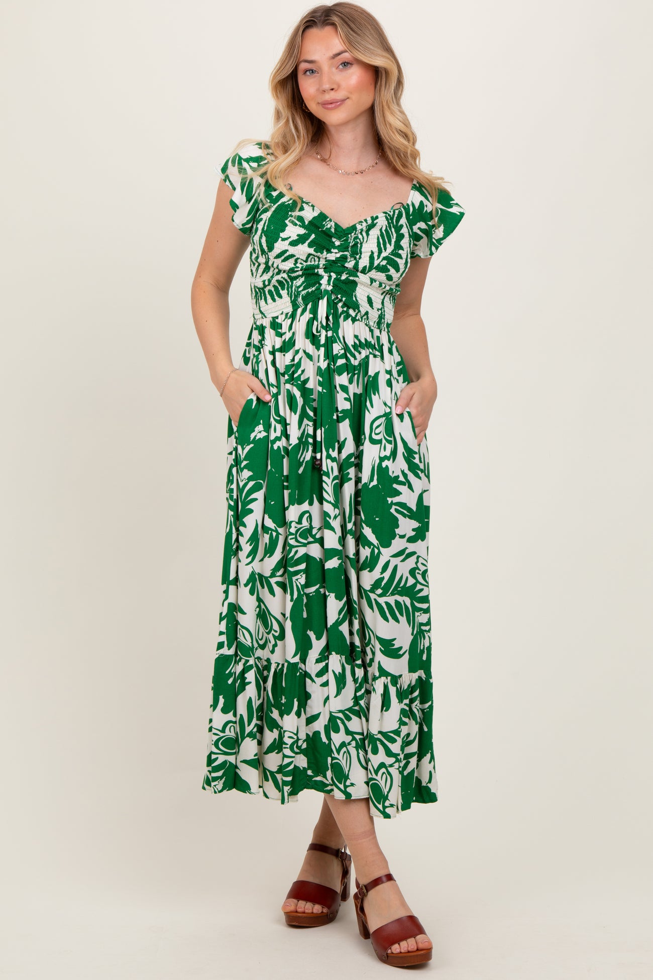 Green Cream Smocked Top Midi Dress