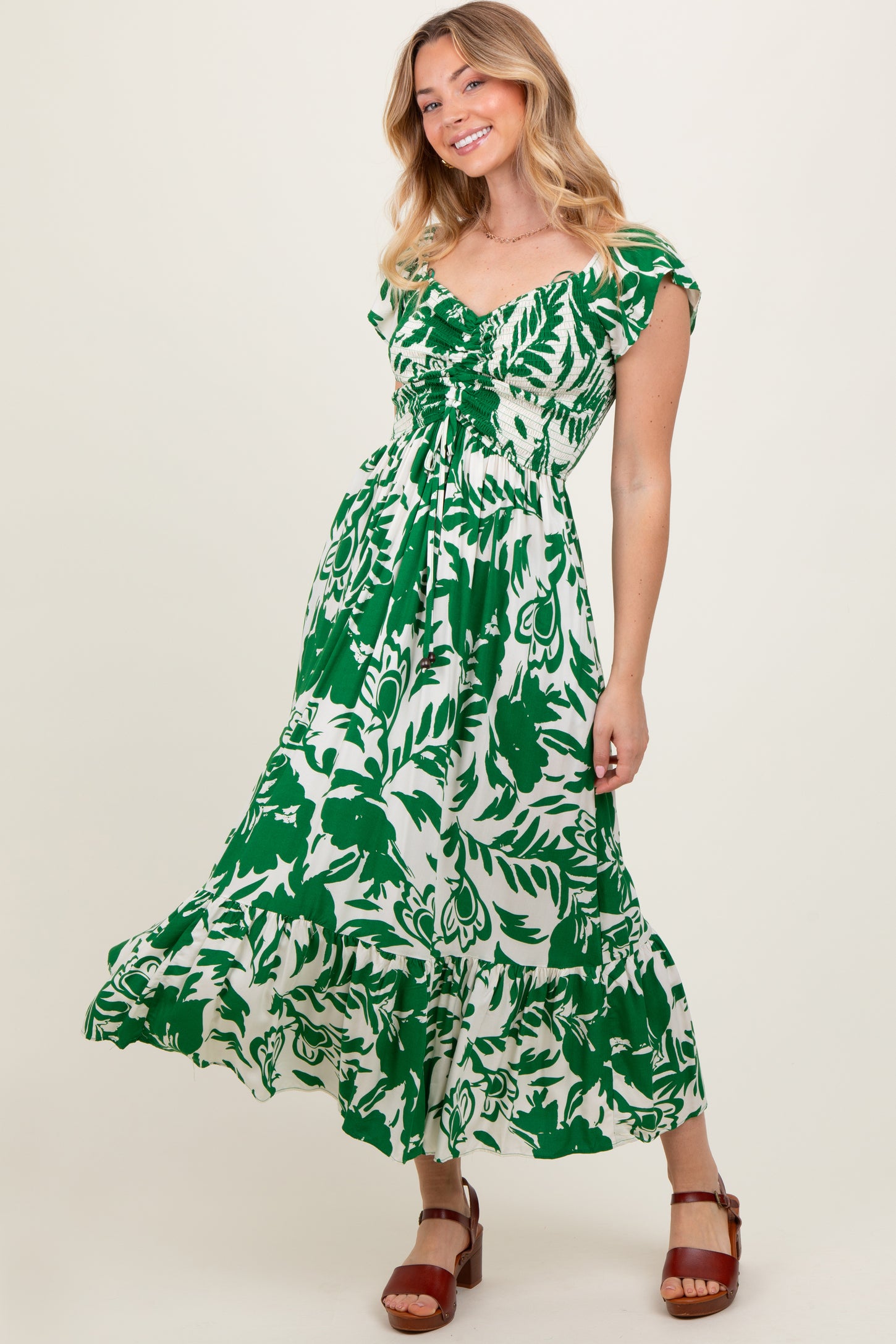 Green Cream Smocked Top Midi Dress
