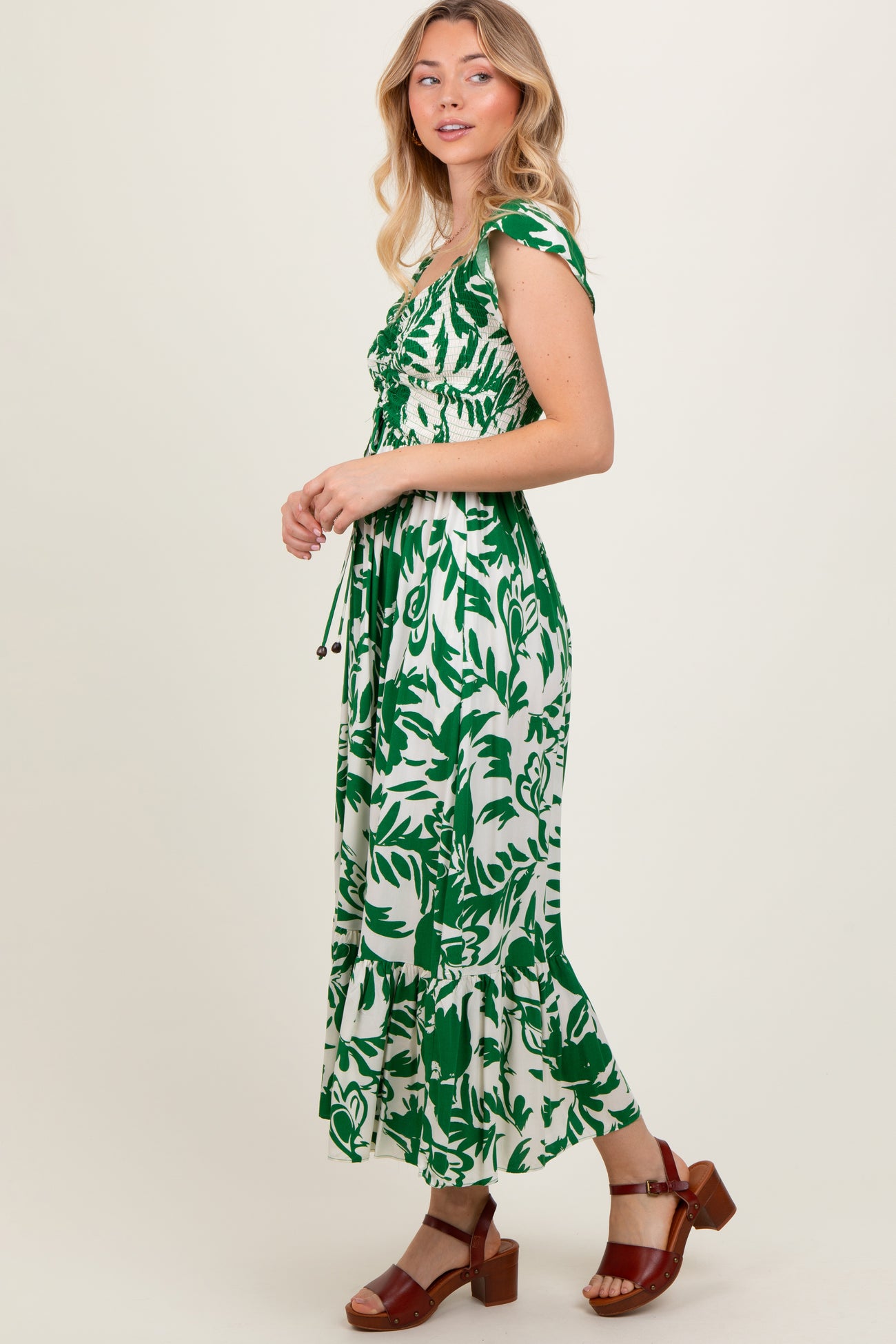 Green Cream Smocked Top Midi Dress