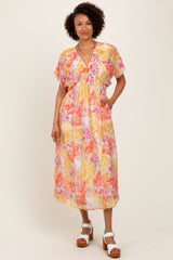 Yellow Mix Textured Floral Gathered V Neck Maternity Dress