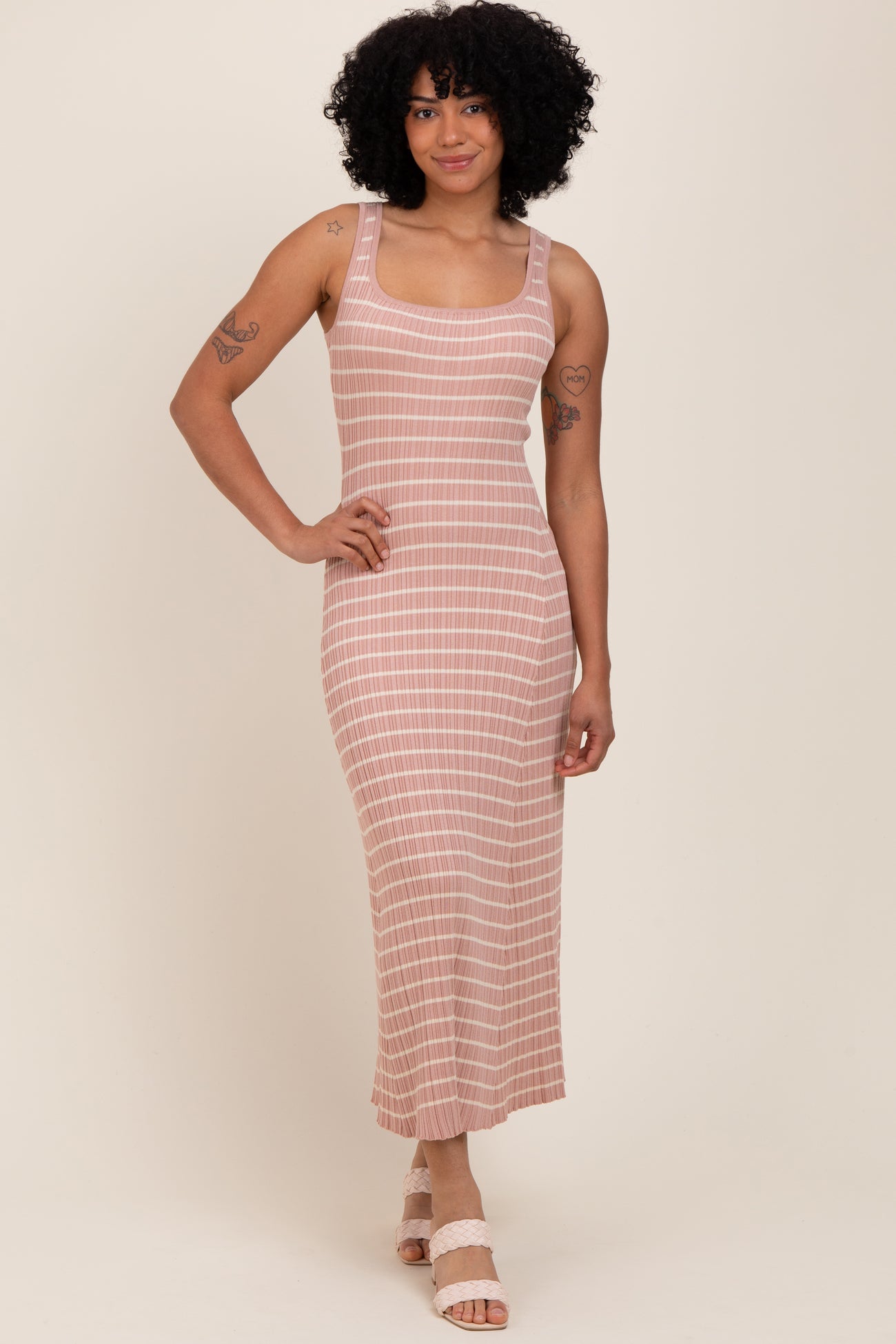 Blush/Cream Lightweight Rib Fit And Flare Maternity Midi Dress