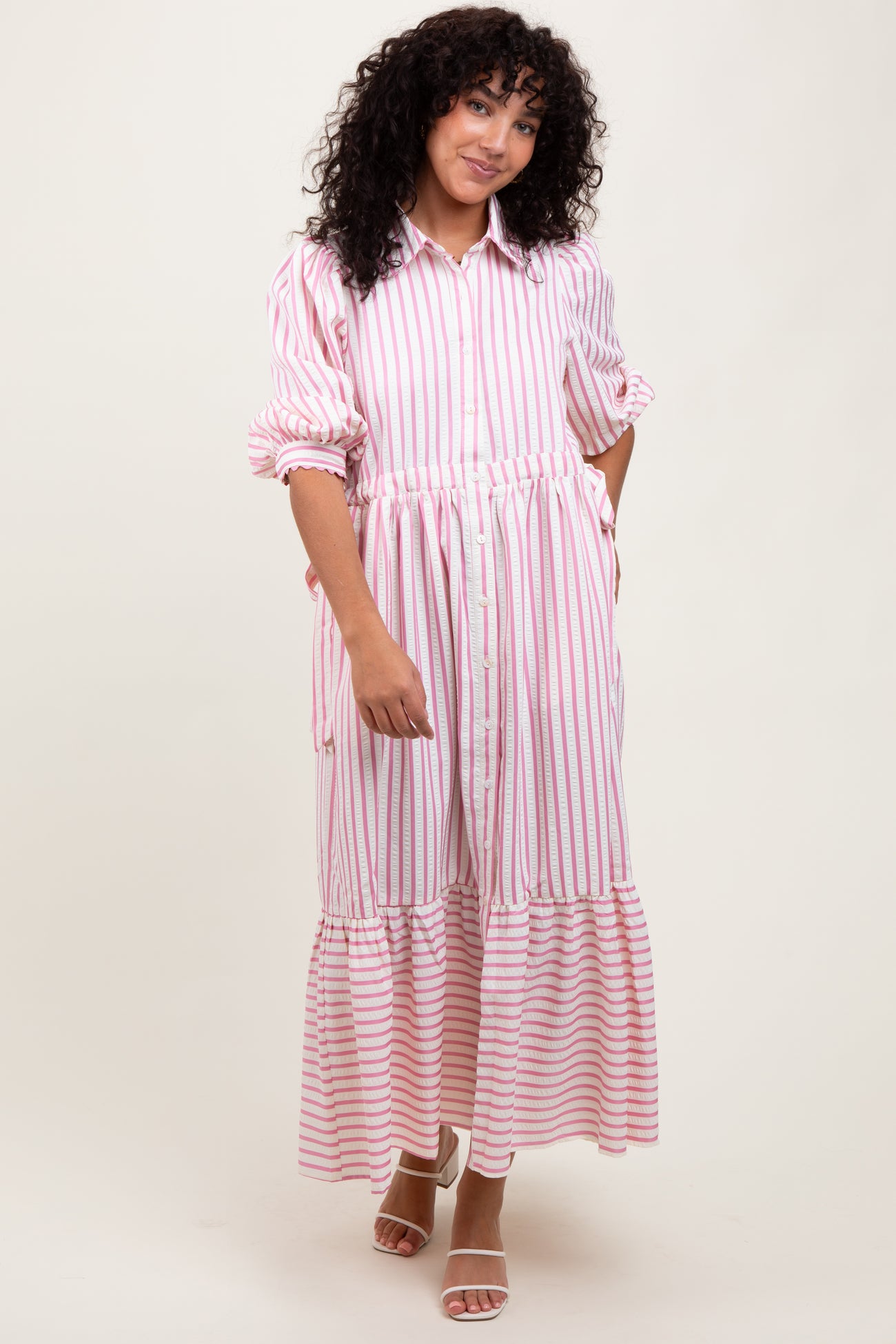 Pink Striped Collar Maxi Dress