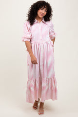 Pink Striped Collar Maxi Dress