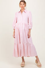 Pink Striped Collar Maternity Maxi Dress