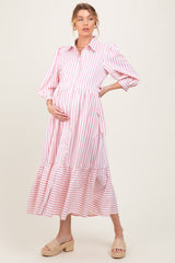 Pink Striped Collar Maternity Maxi Dress