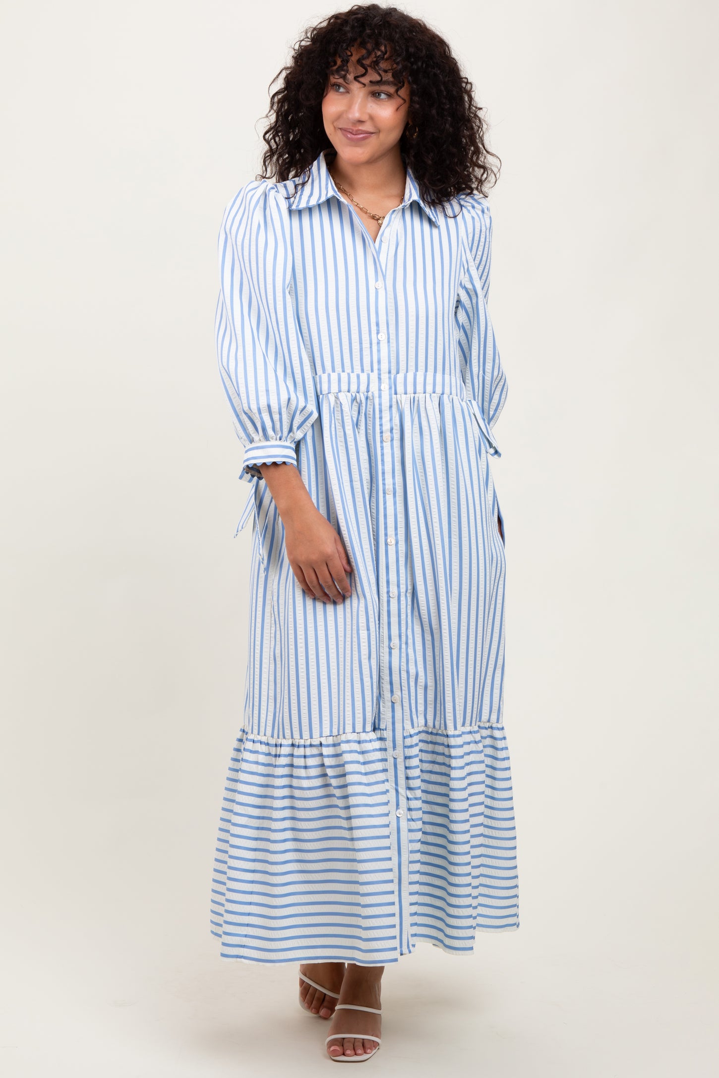 Blue Striped Collar Maxi Dress