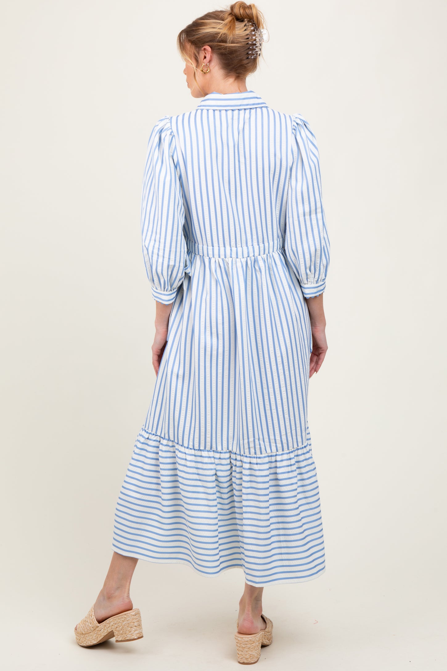 Blue Striped Collar Maternity Maxi Dress
