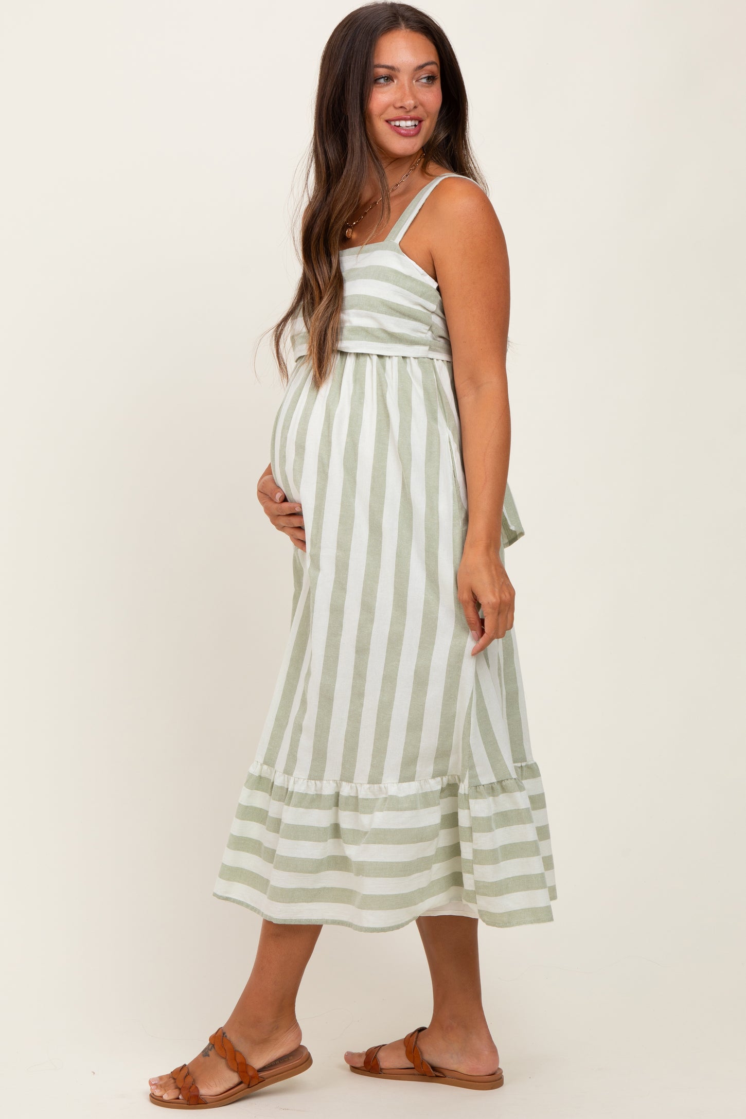 Sage Stripe Back Ribbon Tie Maternity Midi Dress