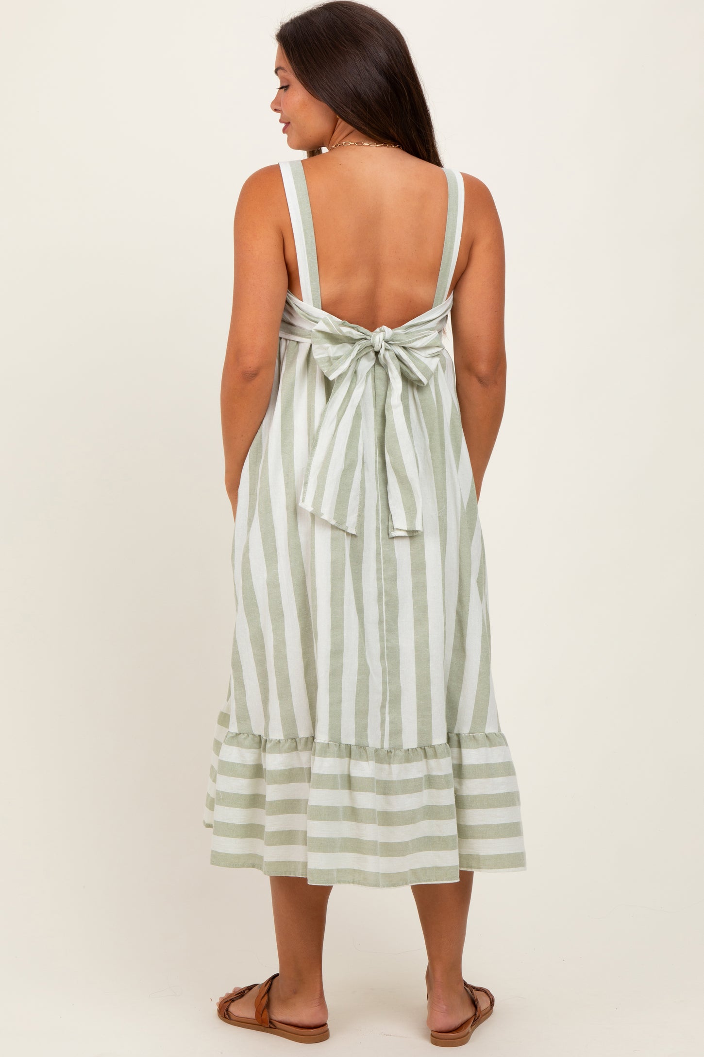 Sage Stripe Back Ribbon Tie Maternity Midi Dress