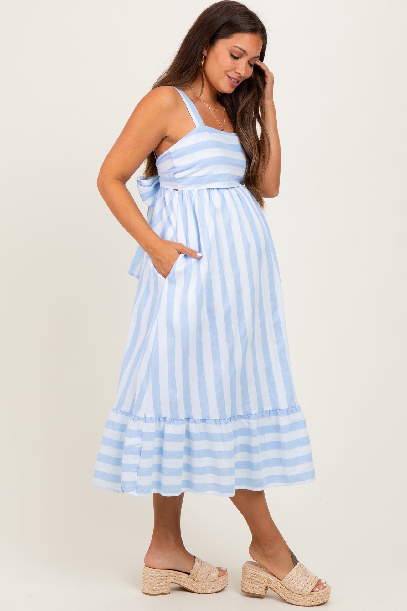 Light Blue Stripe Back Ribbon Tie Maternity Midi Dress