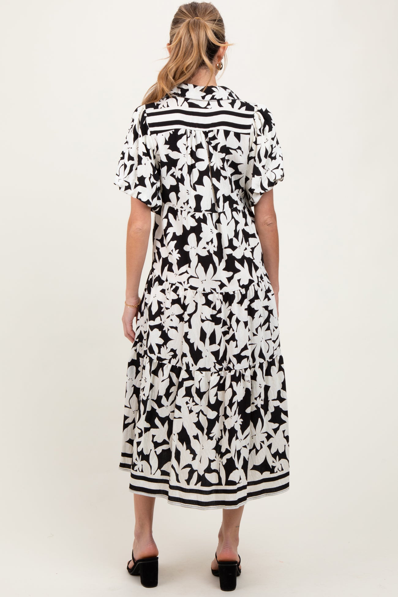 Black Botanical Print A Line Tiered Maternity Dress