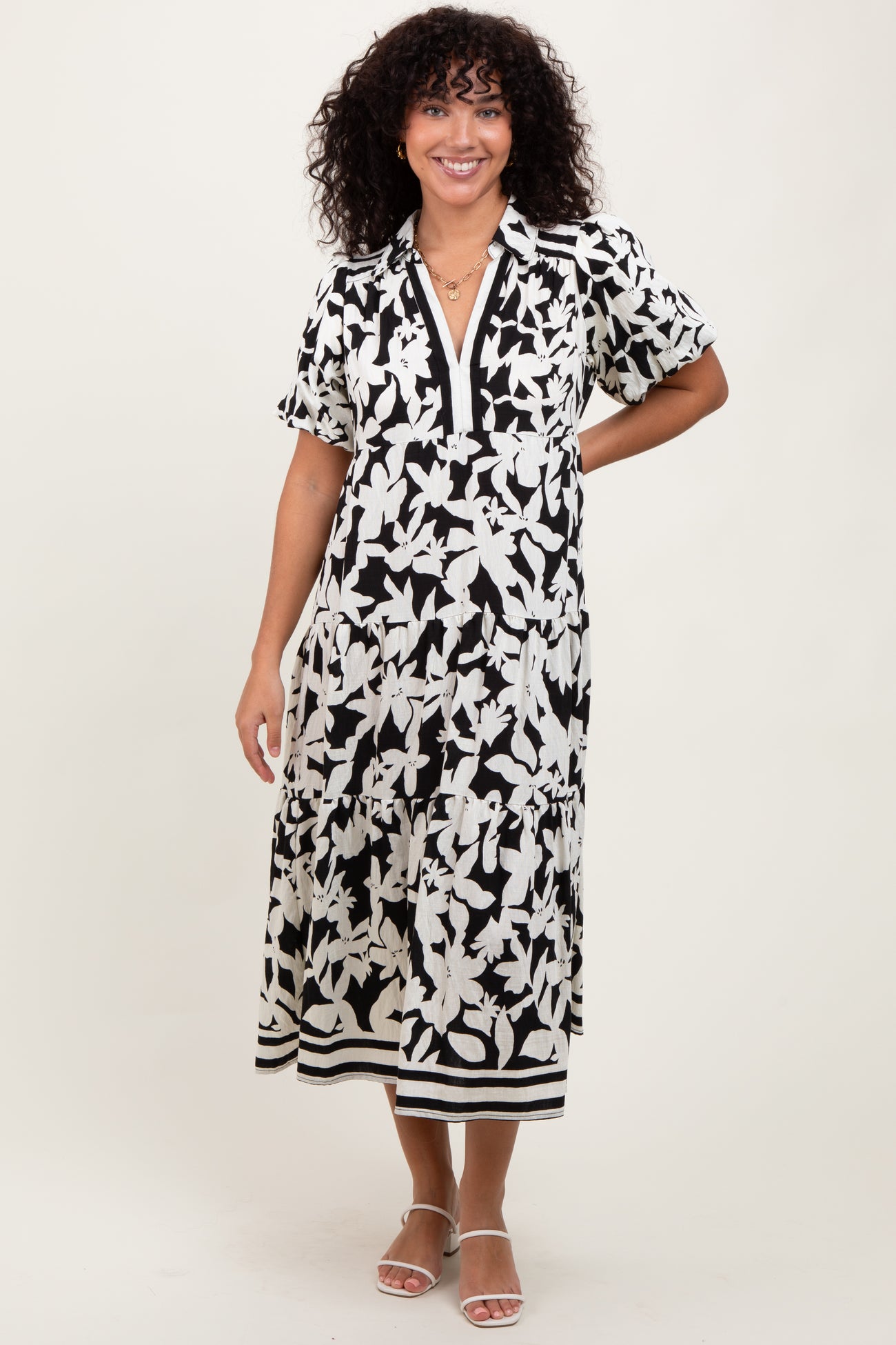 Black Botanical Print A Line Tiered Dress