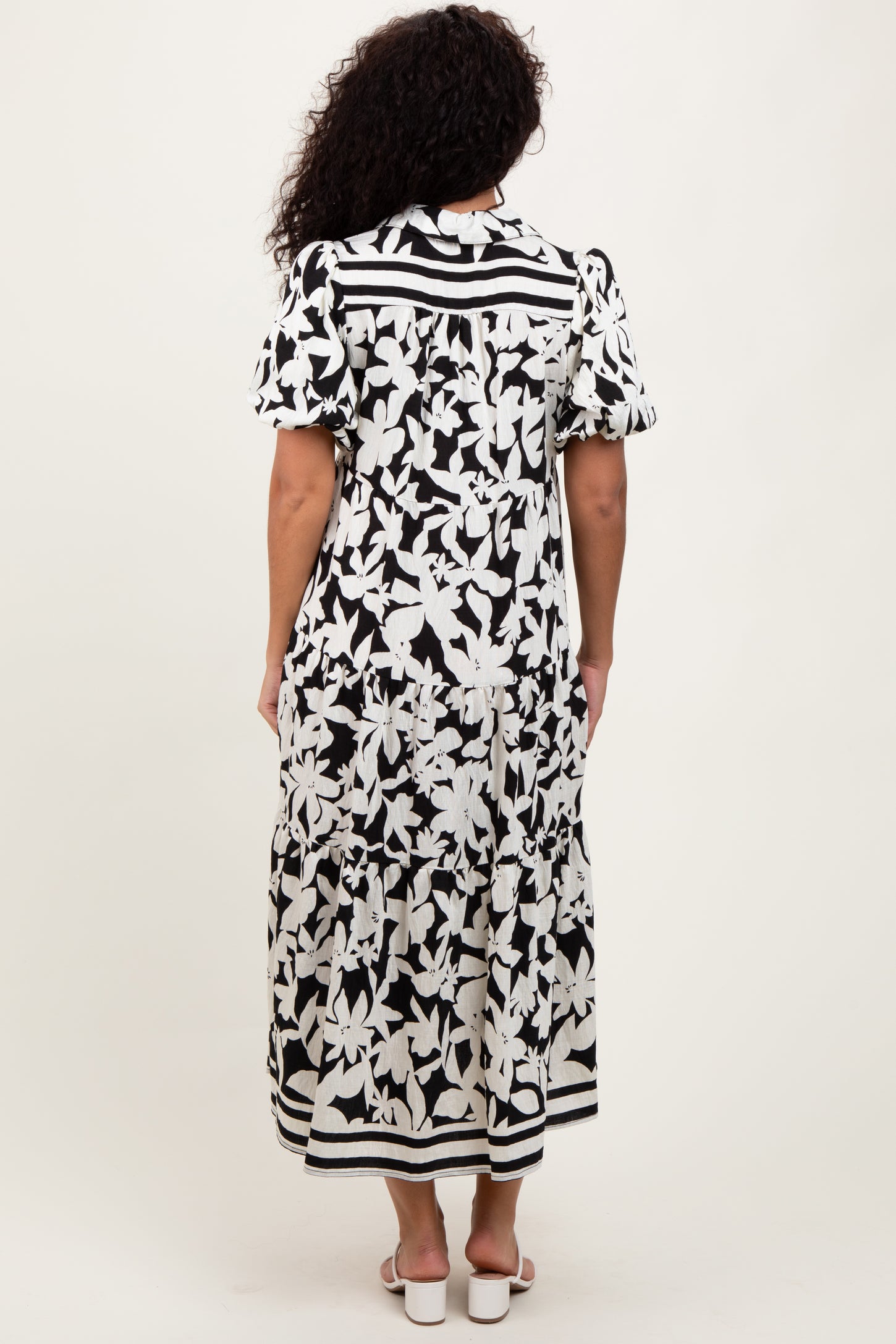 Black Botanical Print A Line Tiered Dress