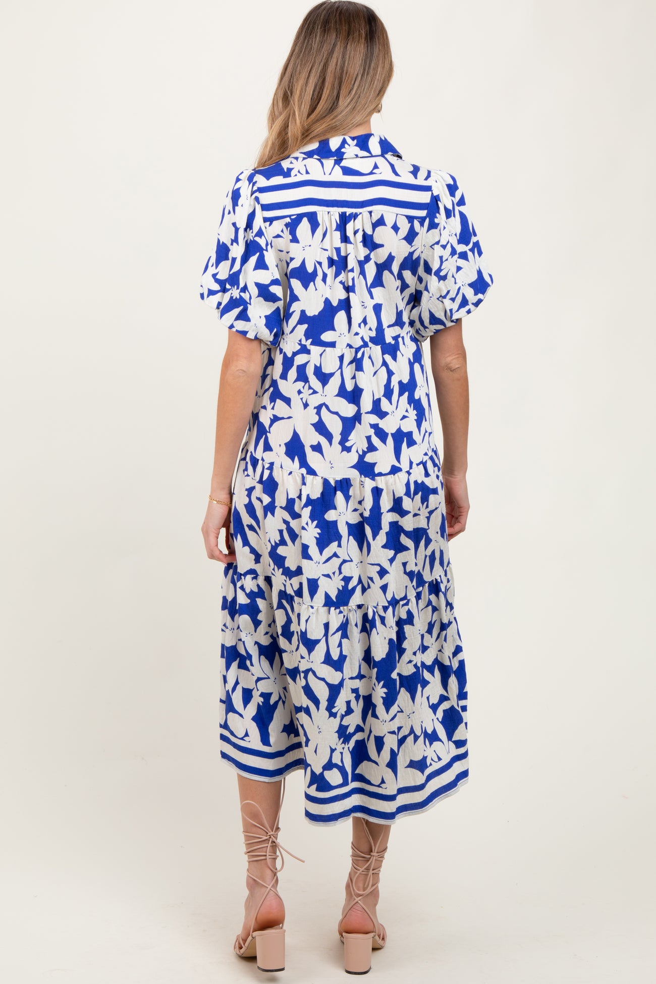 Blue Botanical Print A Line Tiered Maternity Dress