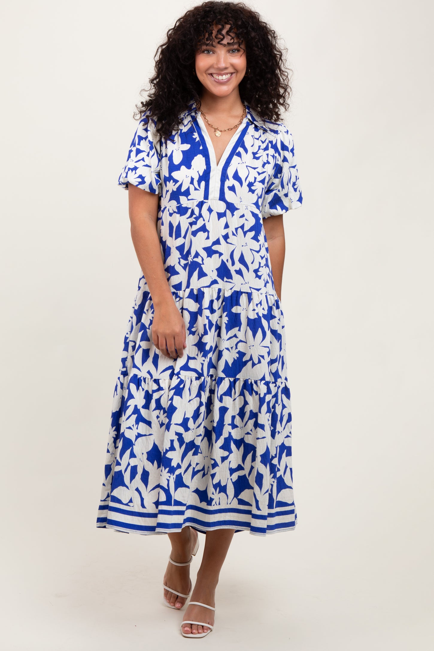 Blue Botanical Print A Line Tiered Dress