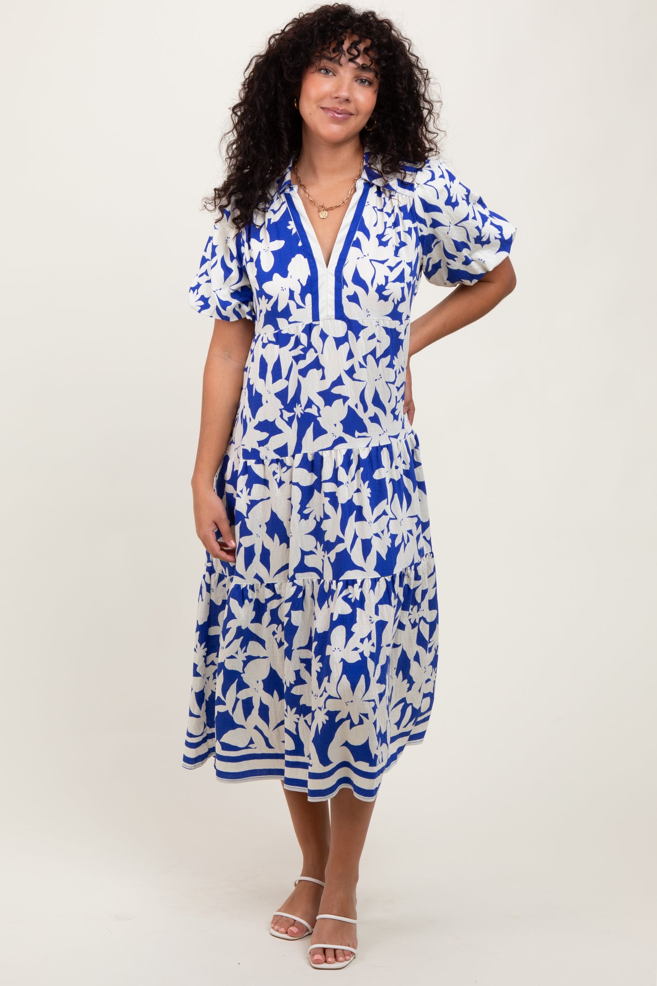 Blue Botanical Print A Line Tiered Maternity Dress