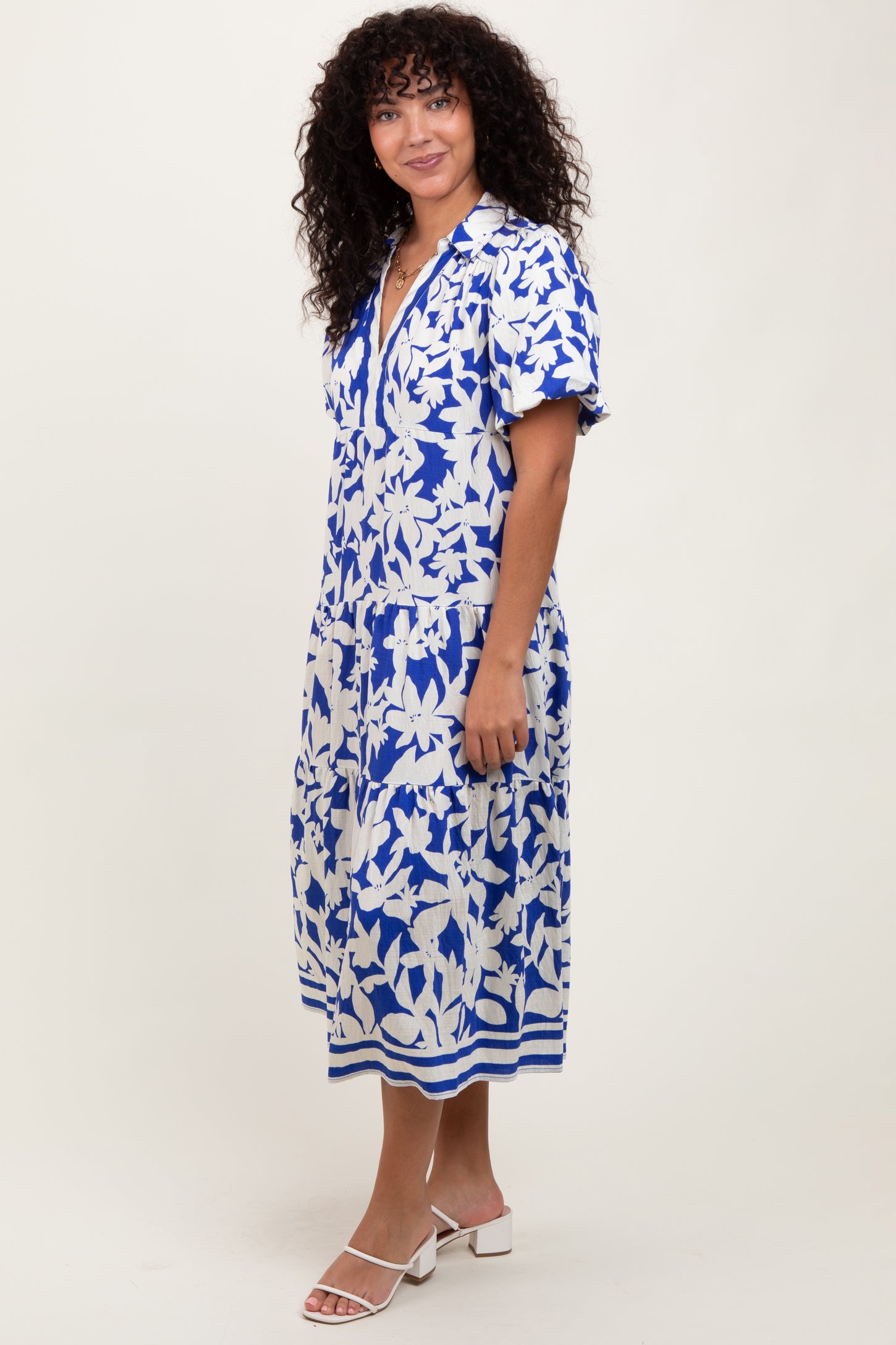 Blue Botanical Print A Line Tiered Dress