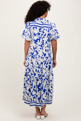 Blue Botanical Print A Line Tiered Dress