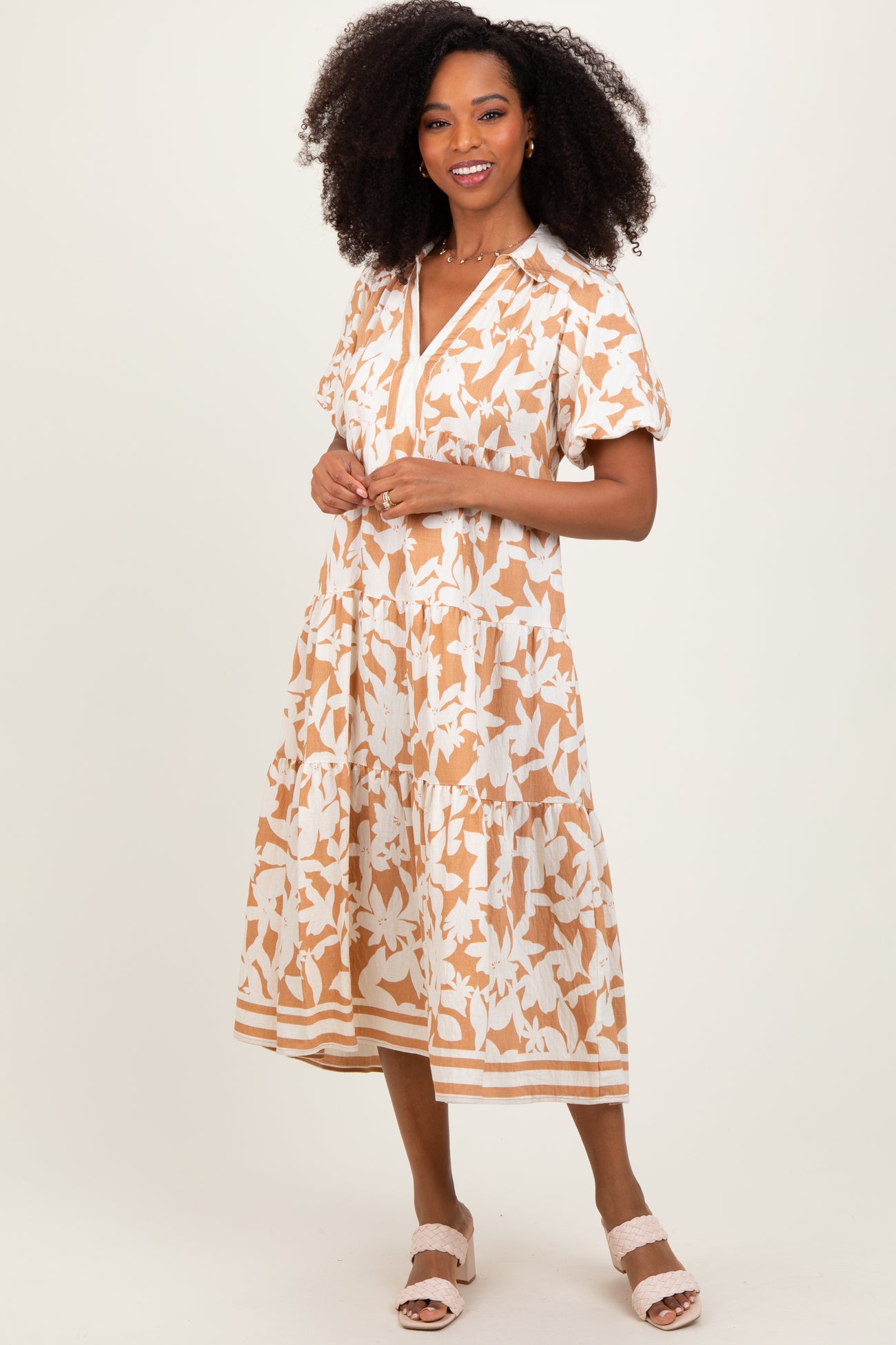 Mocha Botanical Print A Line Tiered Dress