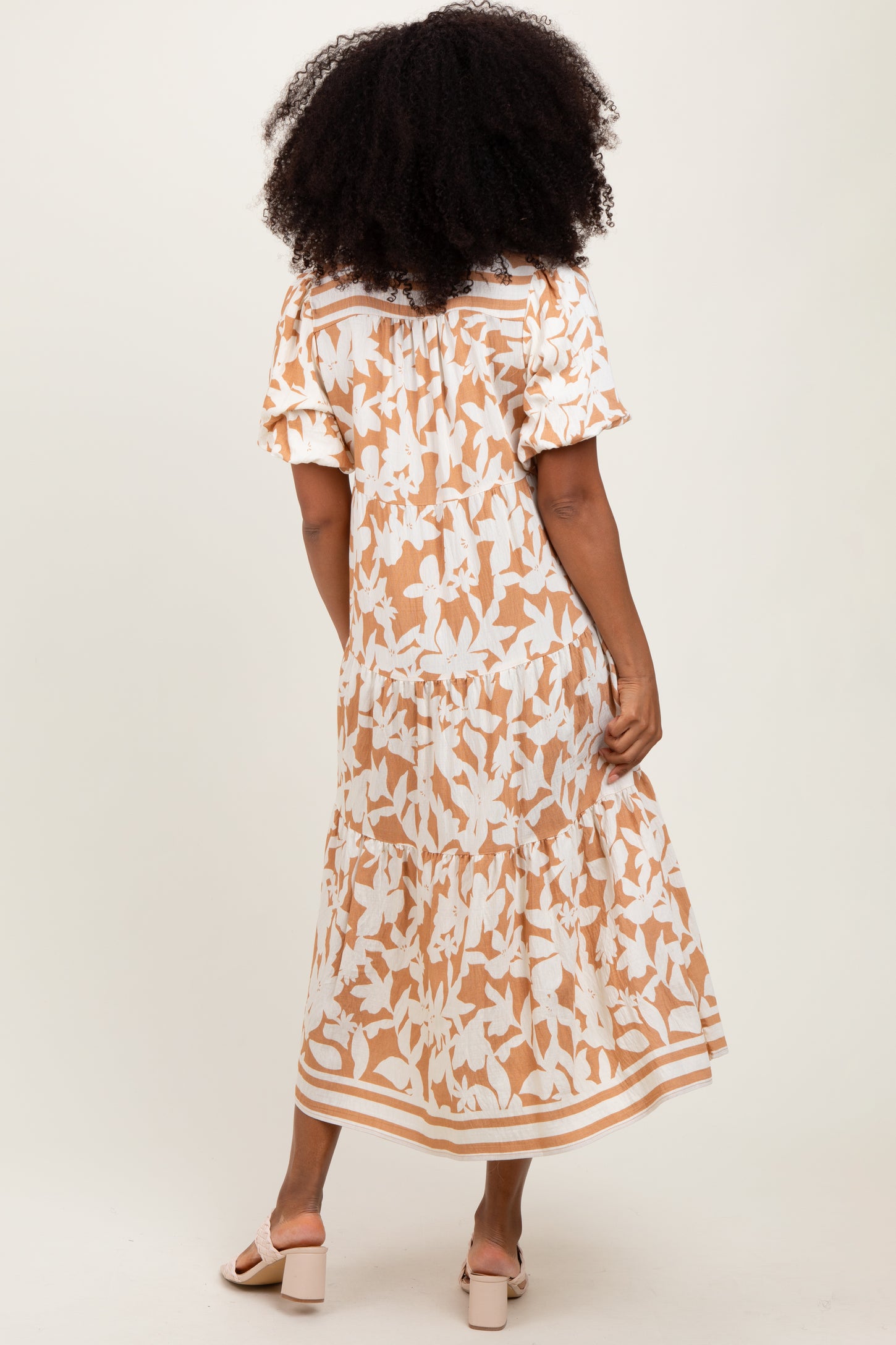 Mocha Botanical Print A Line Tiered Dress