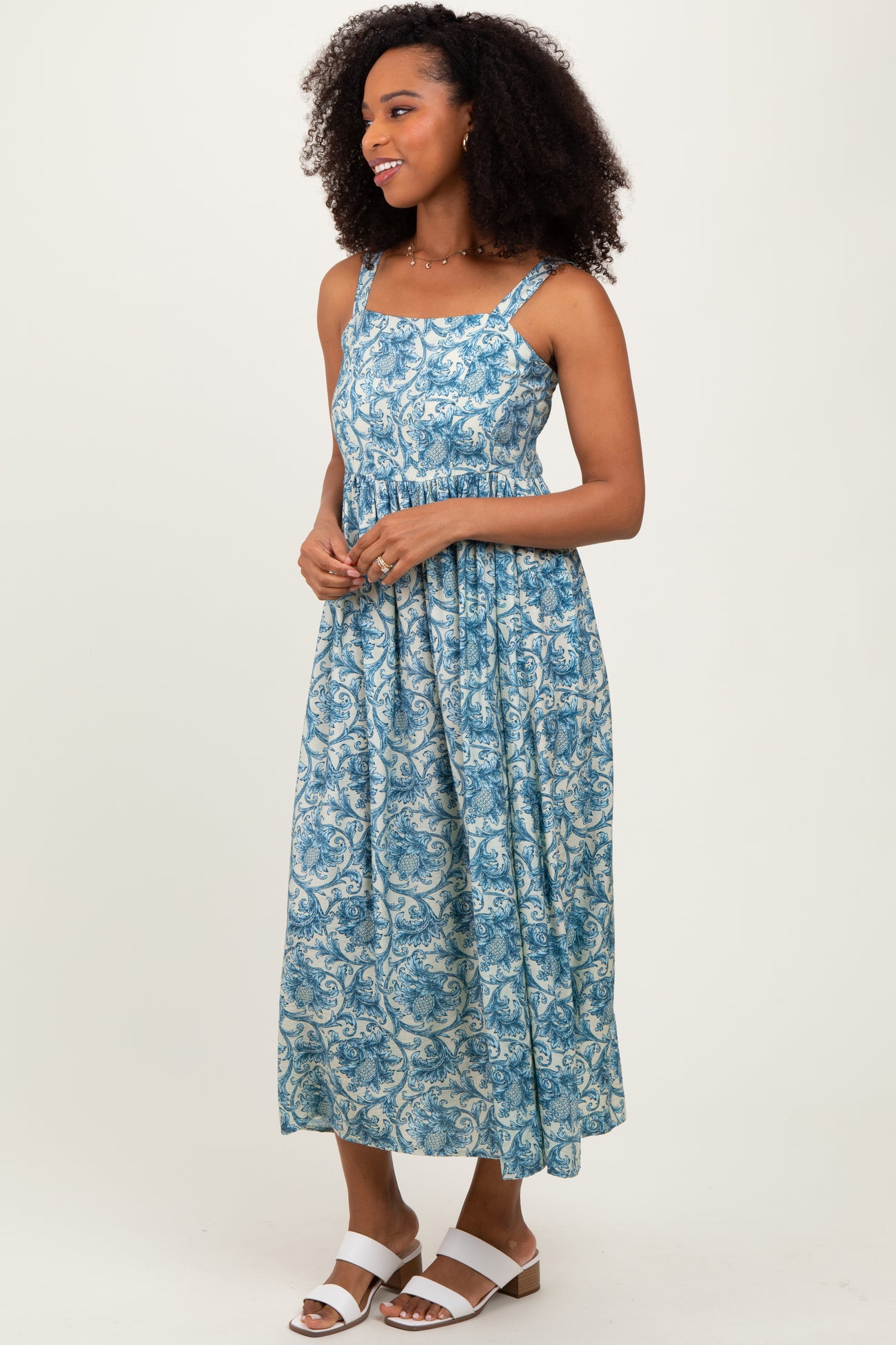 Blue Abstract Print Midi Dress