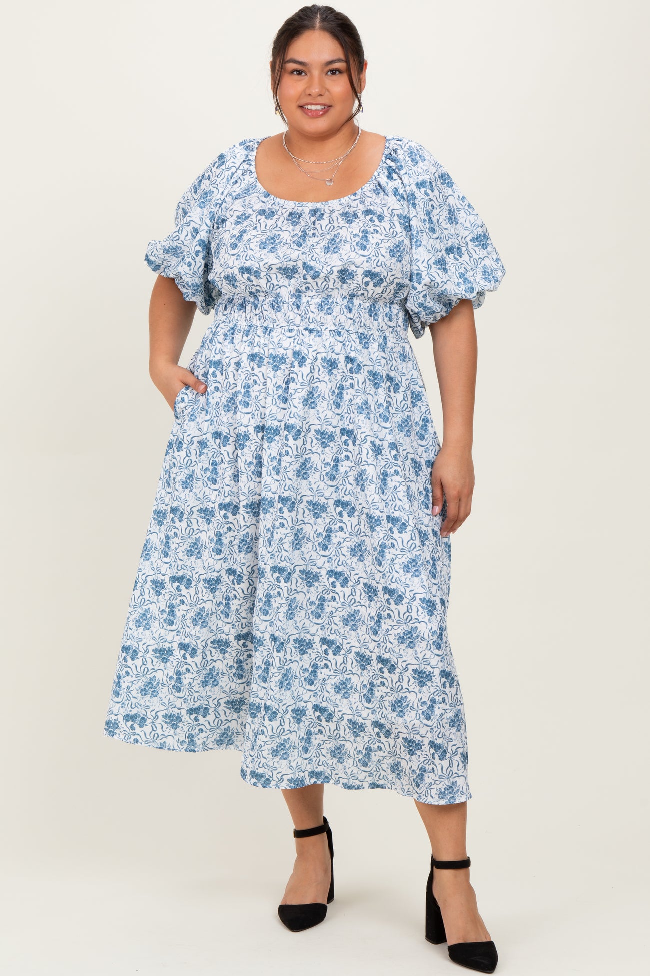 Blue Multi Printed Floral Bubble Sleeve Maternity Plus Maxi Dress