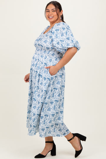 Blue Multi Printed Floral Bubble Sleeve Plus Maxi Dress