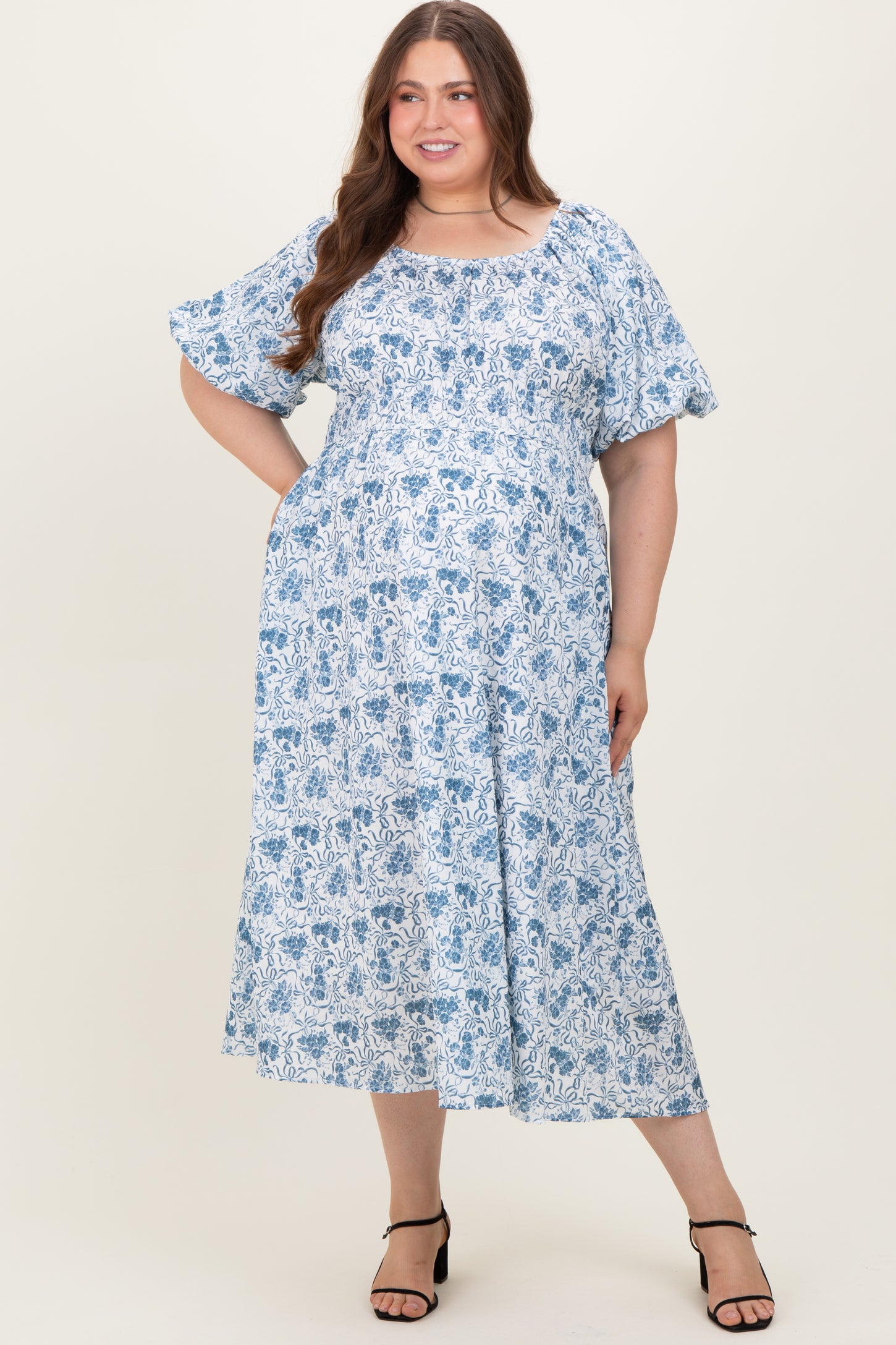 Blue Multi Printed Floral Bubble Sleeve Maternity Plus Maxi Dress