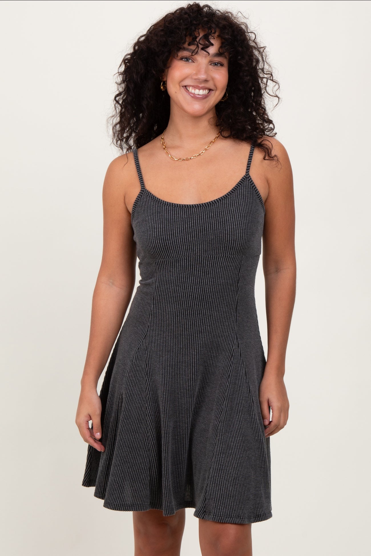 Charcoal Solid Ribbed Knitted Adjustable Strap Sleeveless Maternity Mini Dress