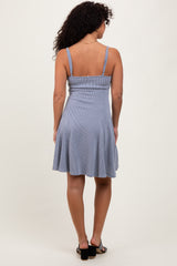 Light Blue Solid Ribbed Knitted Adjustable Strap Sleeveless Mini Dress