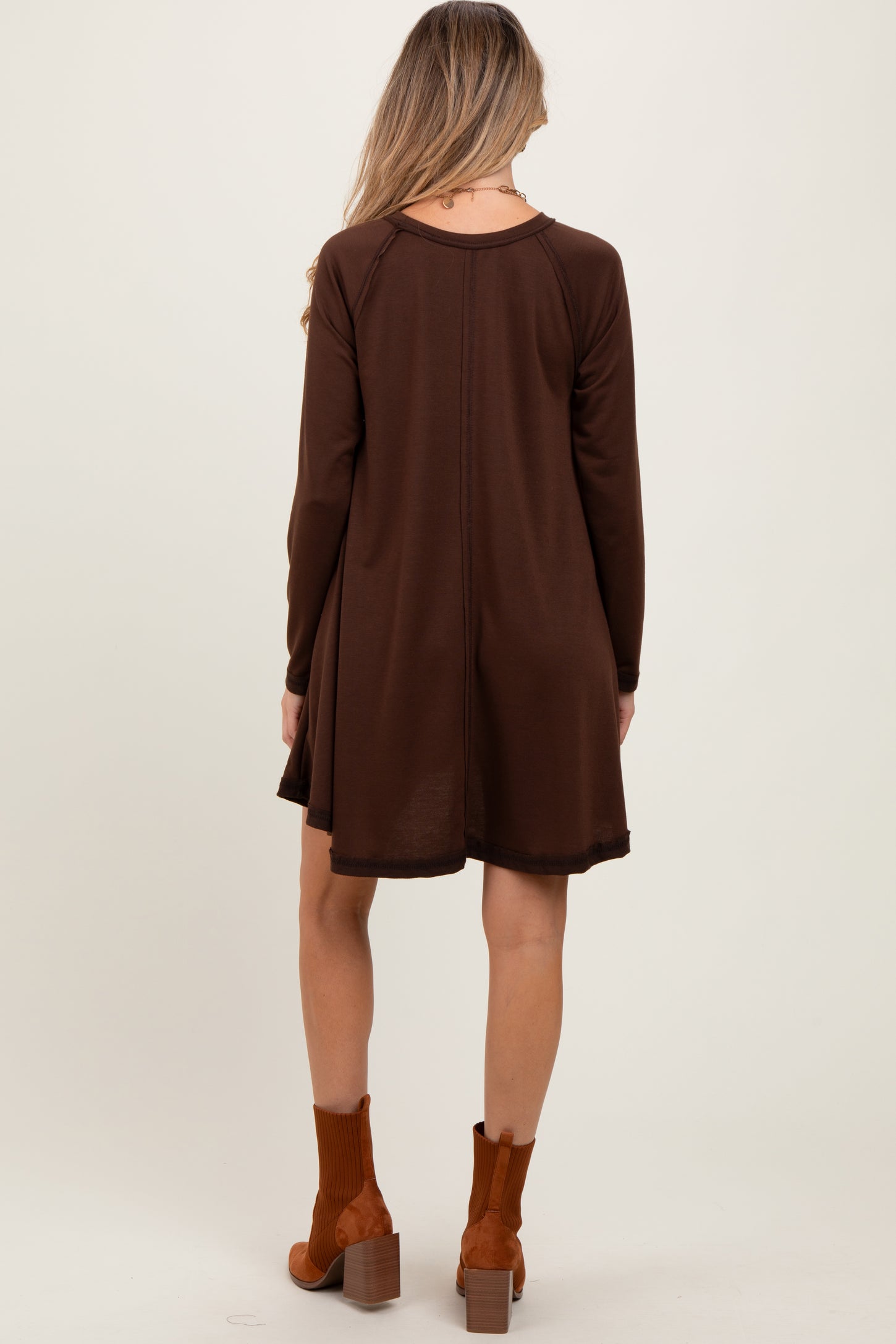Brown Crew Neck Flared Fit Long Sleeve Maternity Mini Dress