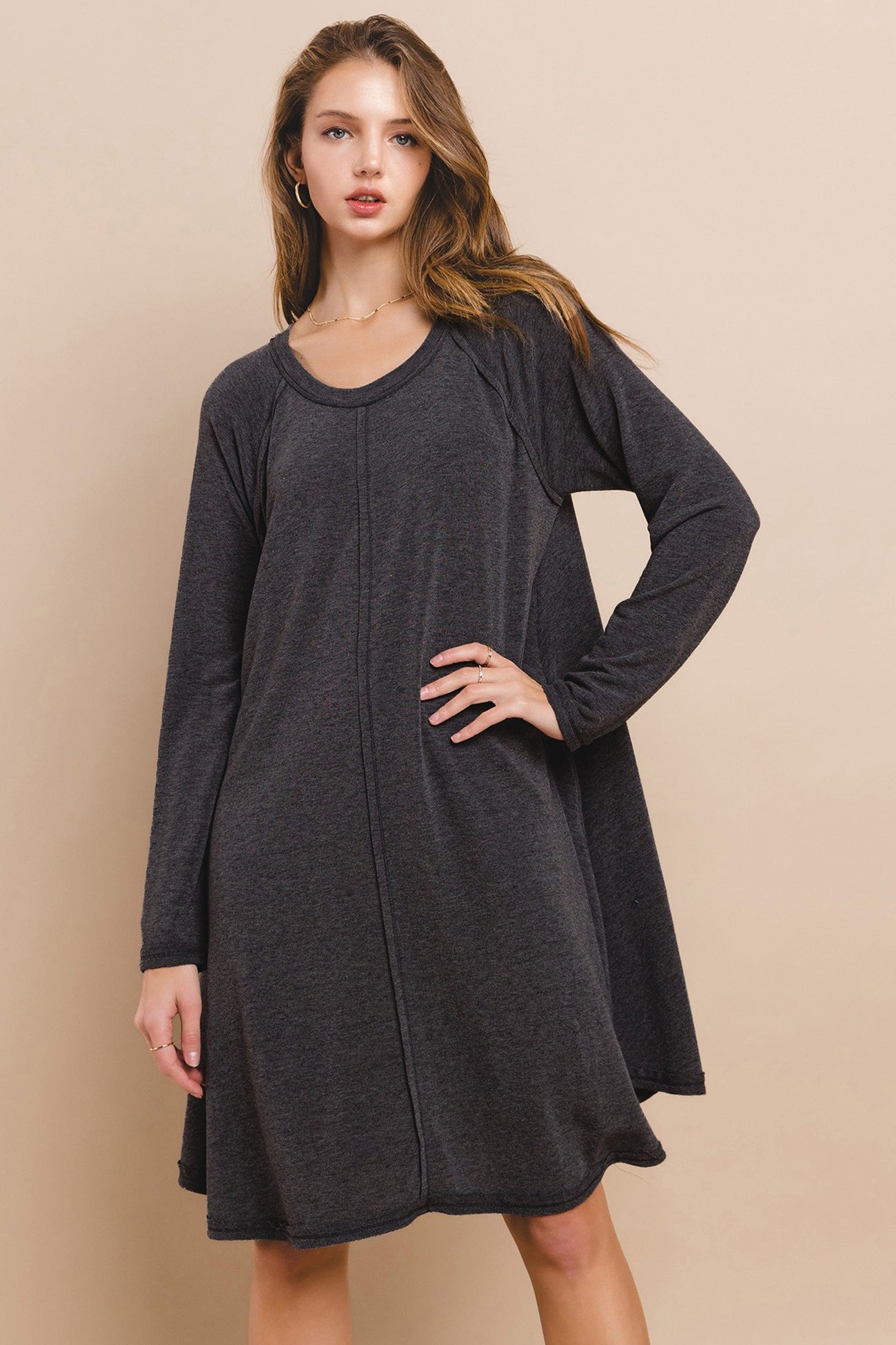 Charcoal Crew Neck Flared Fit Long Sleeve Maternity Mini Dress