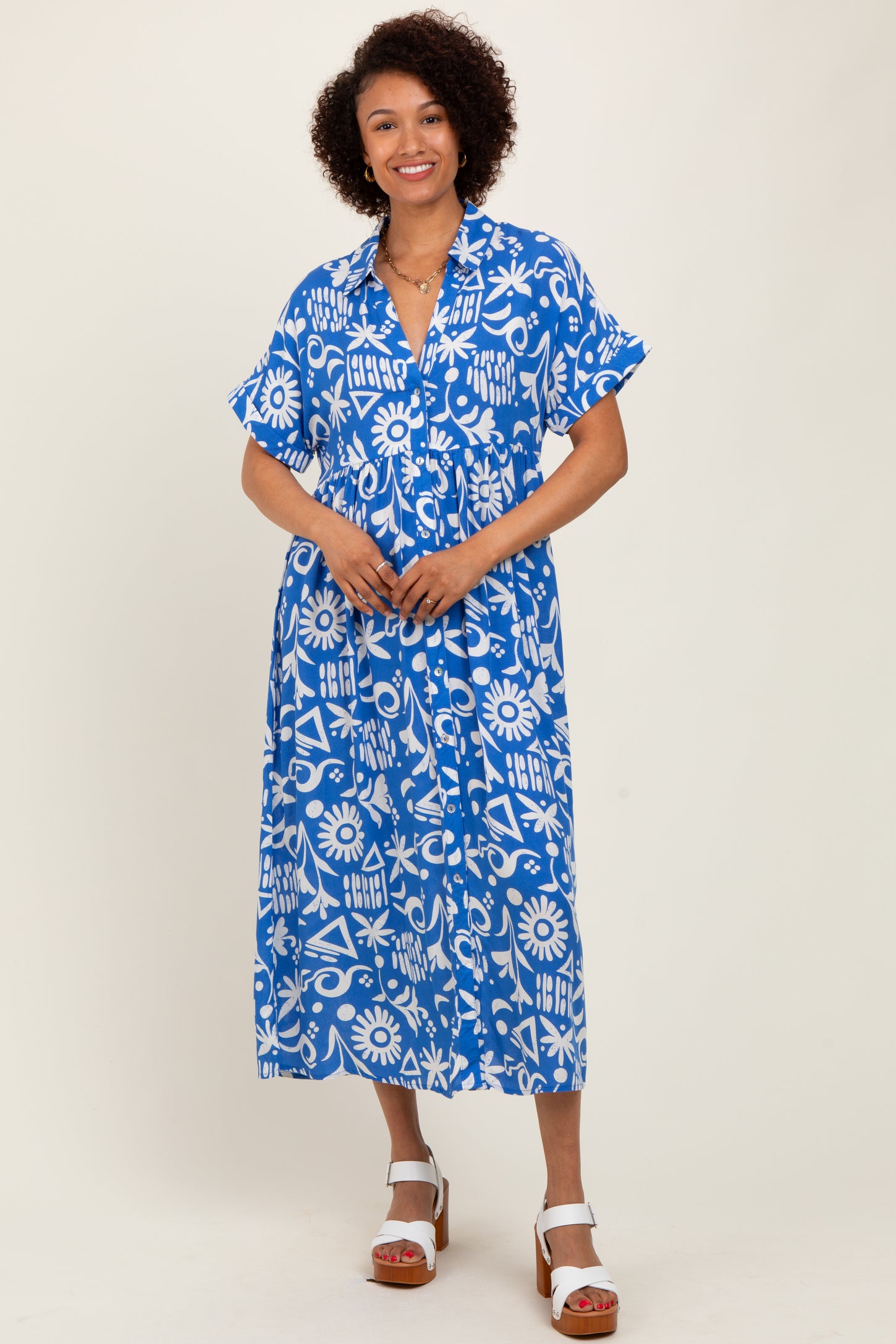 Blue Abstract Floral Shirt Midi Dress